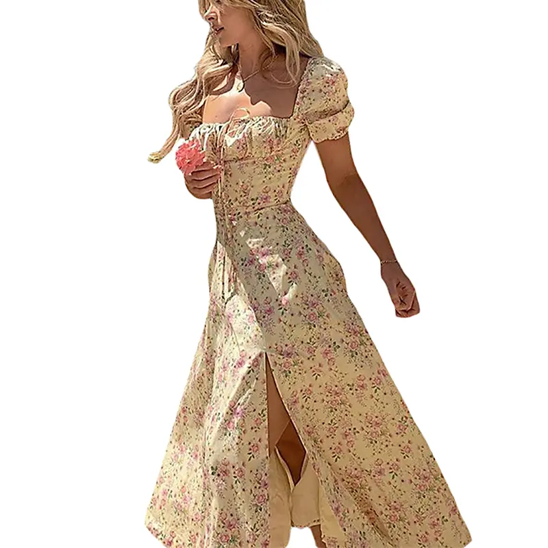 Women's Y2k Retro Bodycon Long Dress Summer Bohemian Floral Print Puff Sleeve Square Collar Tie-up High Split Dress Streetwear 8