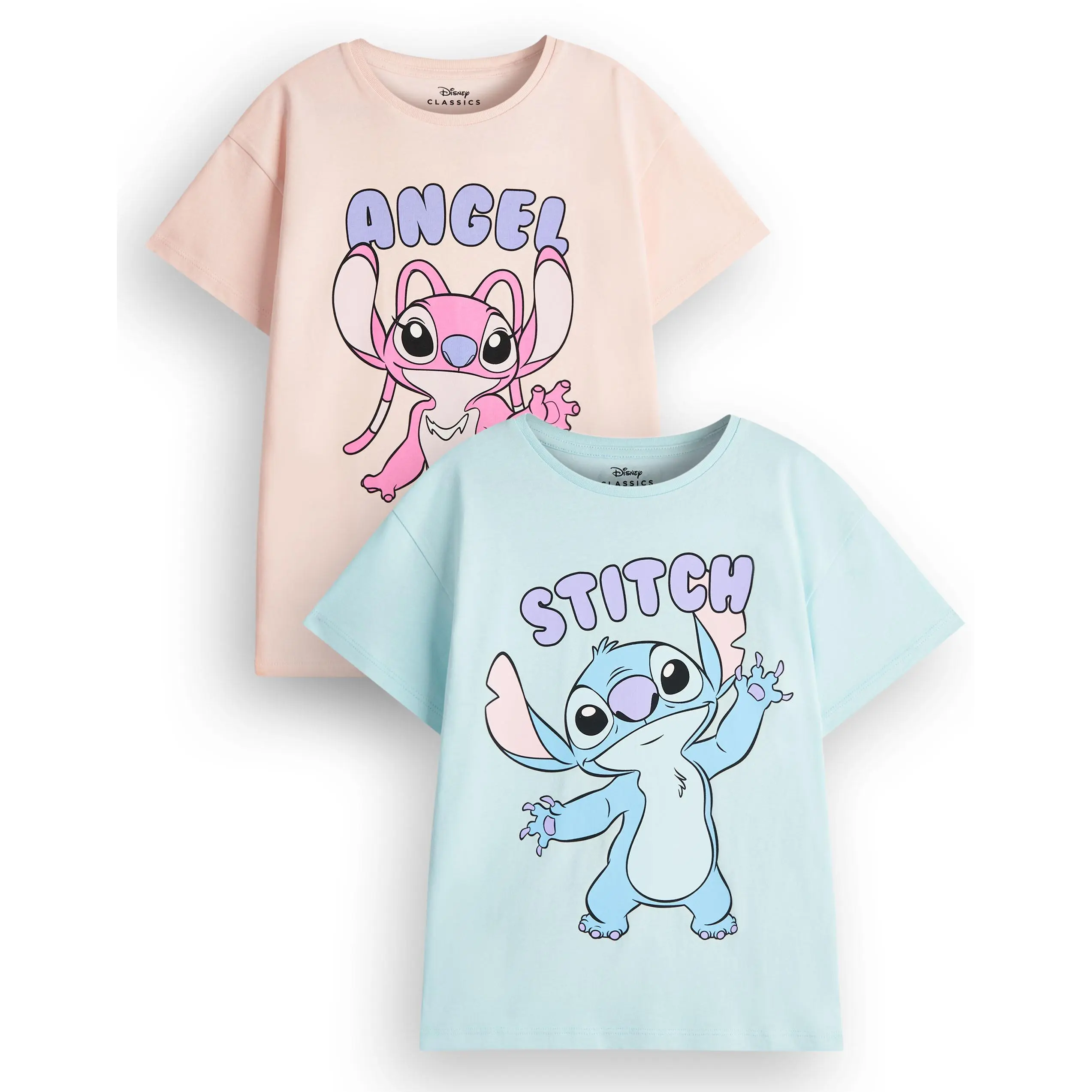 Vanilla Underground x Disney Girls Multicoloured Stitch & Angel 2 Pack Multi-Pack of 2 Short-Sleeved T-Shirts