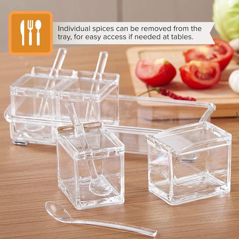Spice Box - 4-Piece Spice Containers Storage Set - Seasoning Jars for Herbs, Spices & Seasonings - Acrylic Spice Storage with Cover and 8 Spoons for Salt, Pepper, Sugar, and Spices for Cooking Kitchen Transparent Utensils Tin Canister 4