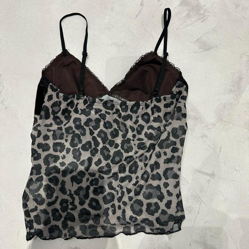 Leopard Print Mesh Cami Top with Brown Velour Bow Detail Y2K 90s Night Out Lightweight Style Statement 5