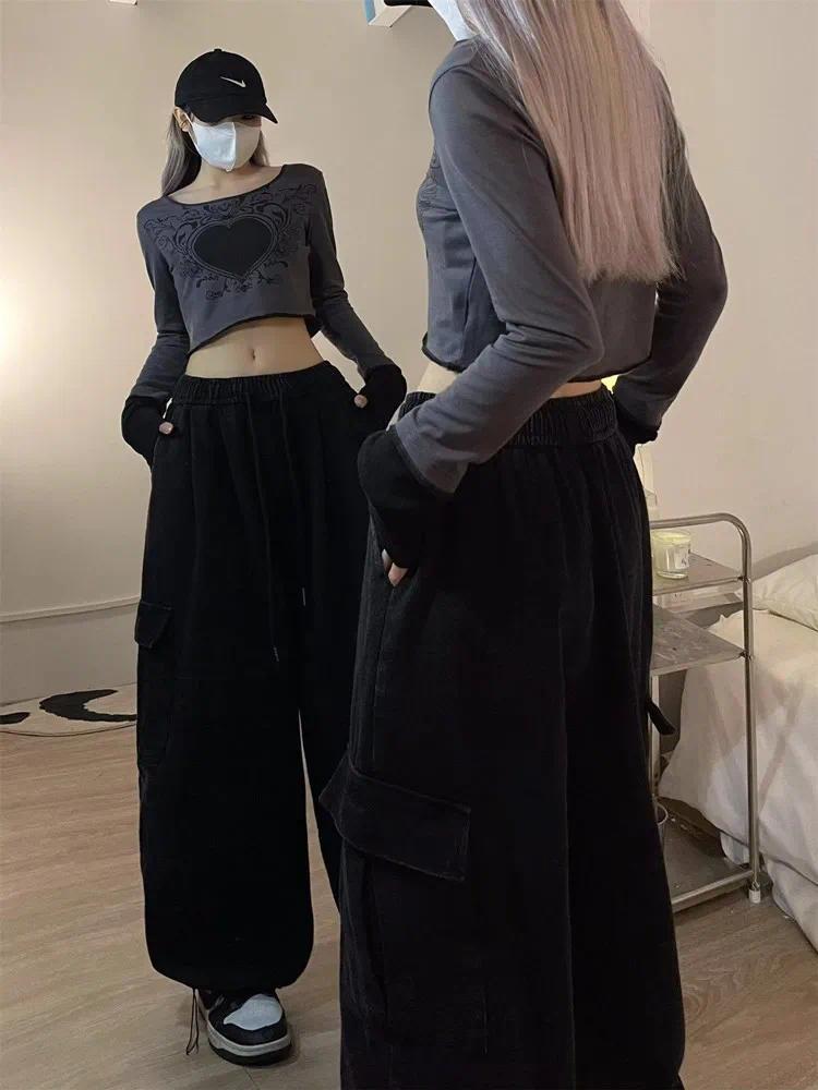 Product Introduction of 2024 Korean Y2K Fashion Drawstring Casual Baggy Cargo Jeans Pants Women Clothing Straight Wide Leg Sweatpants Female Trousers 10