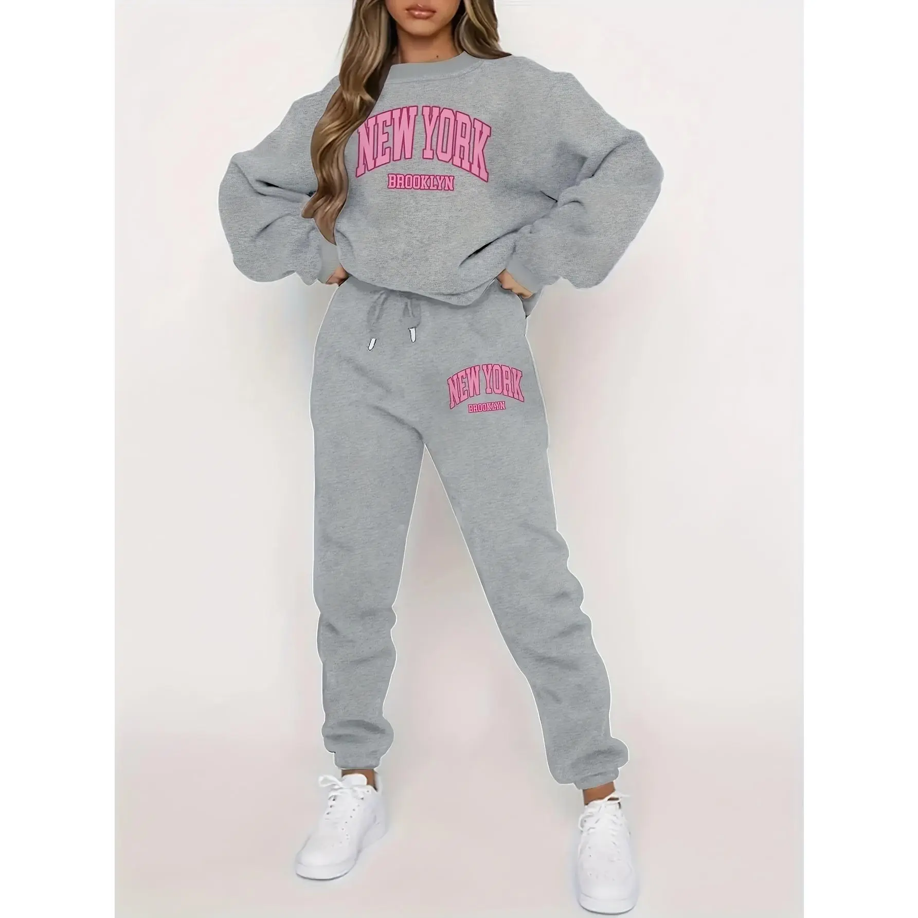 Two Piece Set, Elegant New York Print Crew Neck Long Sleeve Sweatshirt & Drawstring Pants Outfits, Women's Clothing