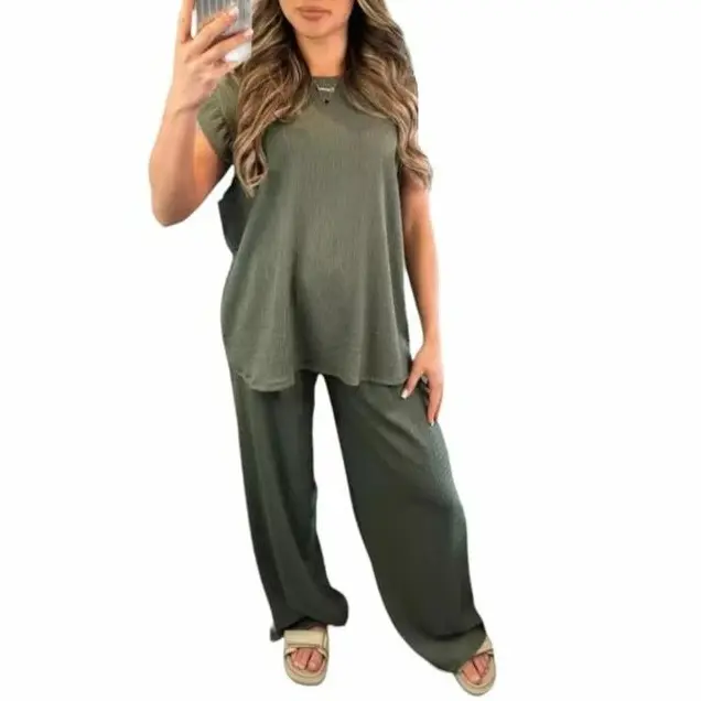 Women's Loungewear- Pop Corn Fabric Frill Short Sleeve Top and Palazo Trousers - UK Size 8-20 -Comfortable Set Womenswear 3