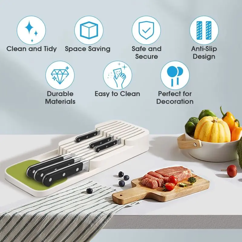 Kitchen Knives Holder & DrawerStore Knife Organizer holds up to 9 knives, Kitchen Organisation & Drawer Storage – Compact, White 6