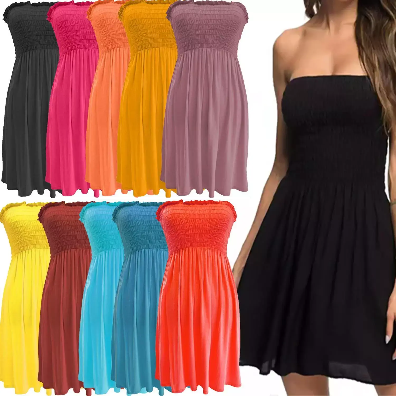 Ladies Women Strapless Bandeau Sheering Top Dress Casual Boobtube Plus Size Beach Wear Size 8-22 UK Comfort Soft Summer Womenswear