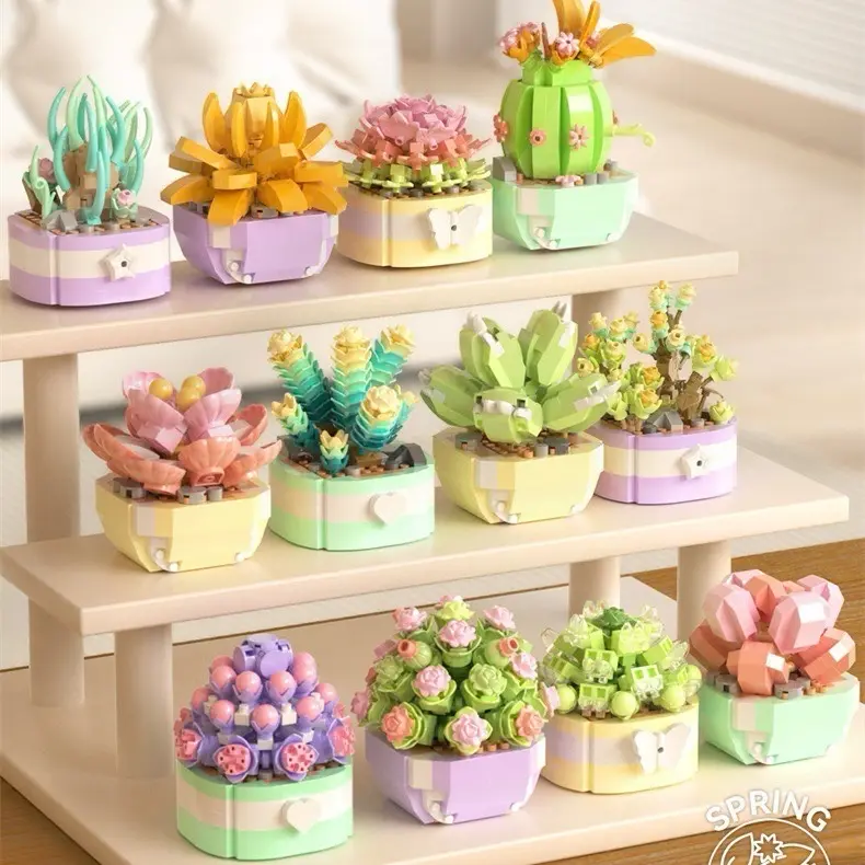 1 set random plant building toys, flower building bricks,creative flower pot design desktop kids diy 3