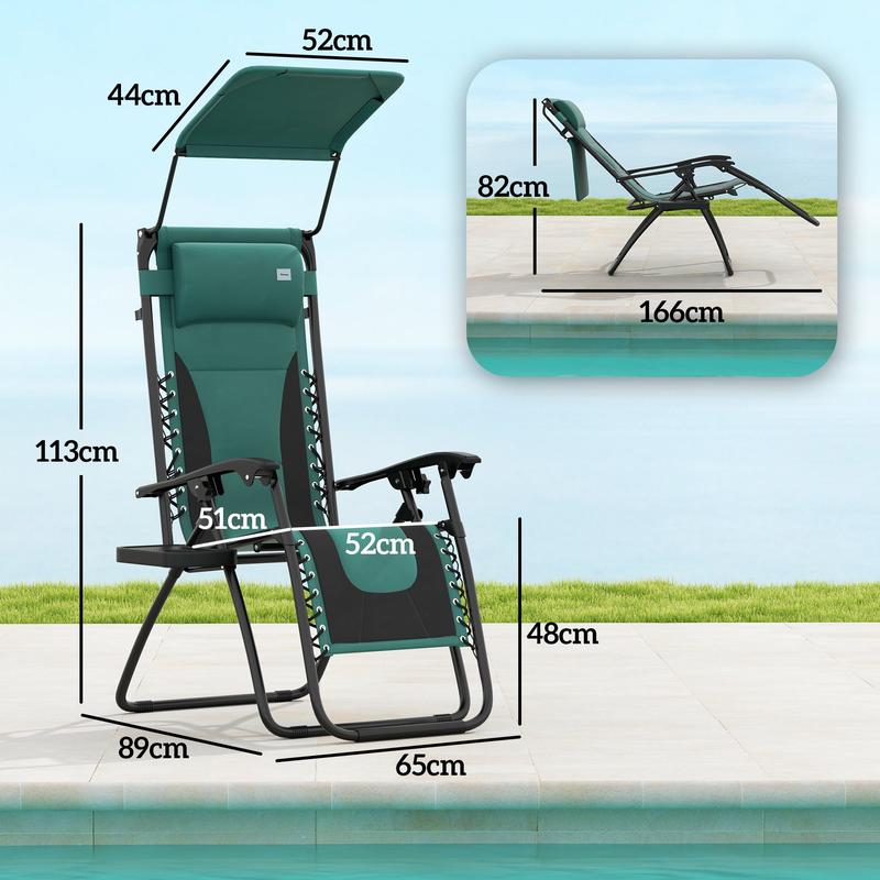 Outsunny Zero Gravity Lounger Chair, Folding Reclining Patio Chair with Shade Cover, Padded Seat, Cup Holder, Soft Cushion and Headrest for Poolside, Camping, Green 2