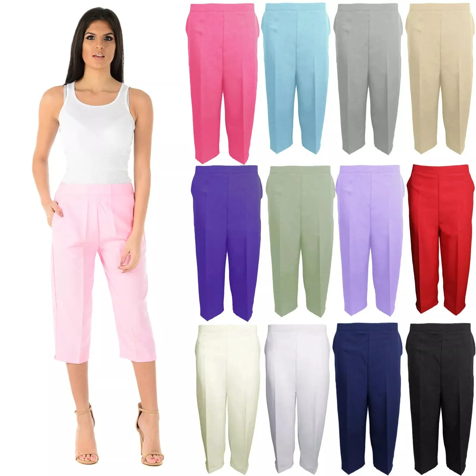 LADIES 3/4 TROUSERS WOMENS THREE QUARTER ELASTICATED WAIST CAPRI CROPPED PANTS Comfort Fabric Fit Womenswear Bottom Comfortable Leg Lightweight Pockets Straight