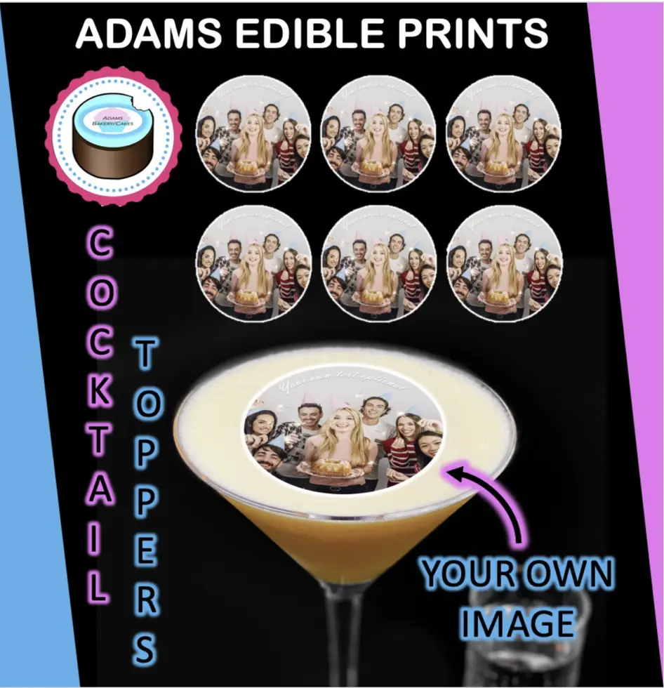 Edible. COCKTAIL TOPPERS, your own edible photo, wafer paper, Text, Pre Cut to shape ready!
