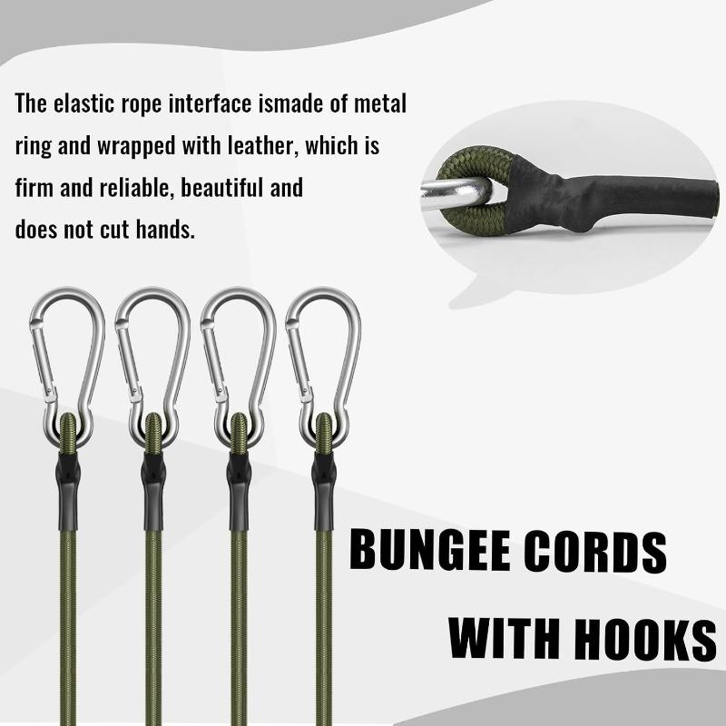 4pcs Heavy Duty Bungee Cords with Carabiner Hooks – 12 Inch Flexible Elastic Rope for Camping, Luggage, Cargo & More – Green, Black, Gray, White Straps with Metal Hooks, Durable and Versatile for Securing Loads, Travel Bag Strap Bungees 4