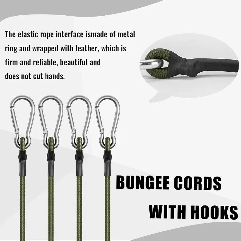 4pcs Heavy Duty Bungee Cords with Carabiner Hooks – 12 Inch Flexible Elastic Rope for Camping, Luggage, Cargo & More – Green, Black, Gray, White Straps with Metal Hooks, Durable and Versatile for Securing Loads, Travel Bag Strap Bungees 4