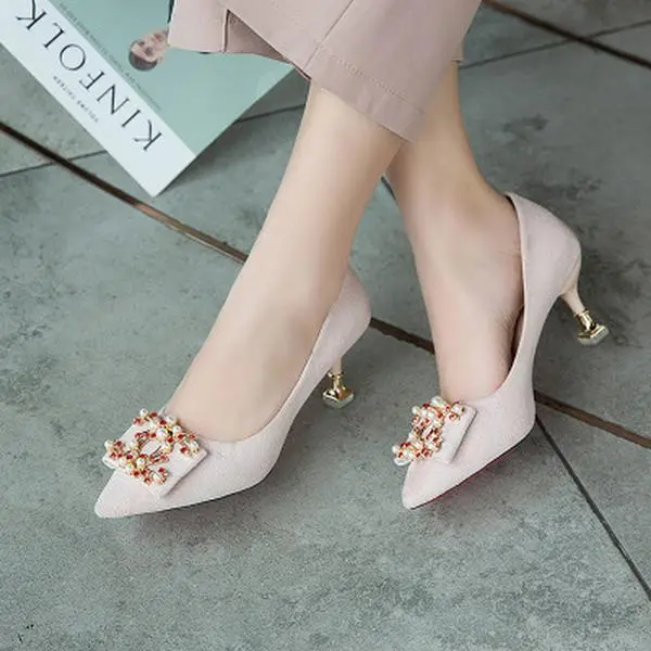 Women Pumps Fashion Ladies Rhinestone High Heels Soft Leather Heels Shoes Woman Pointed Toe Non-slip Wedding Shoes
