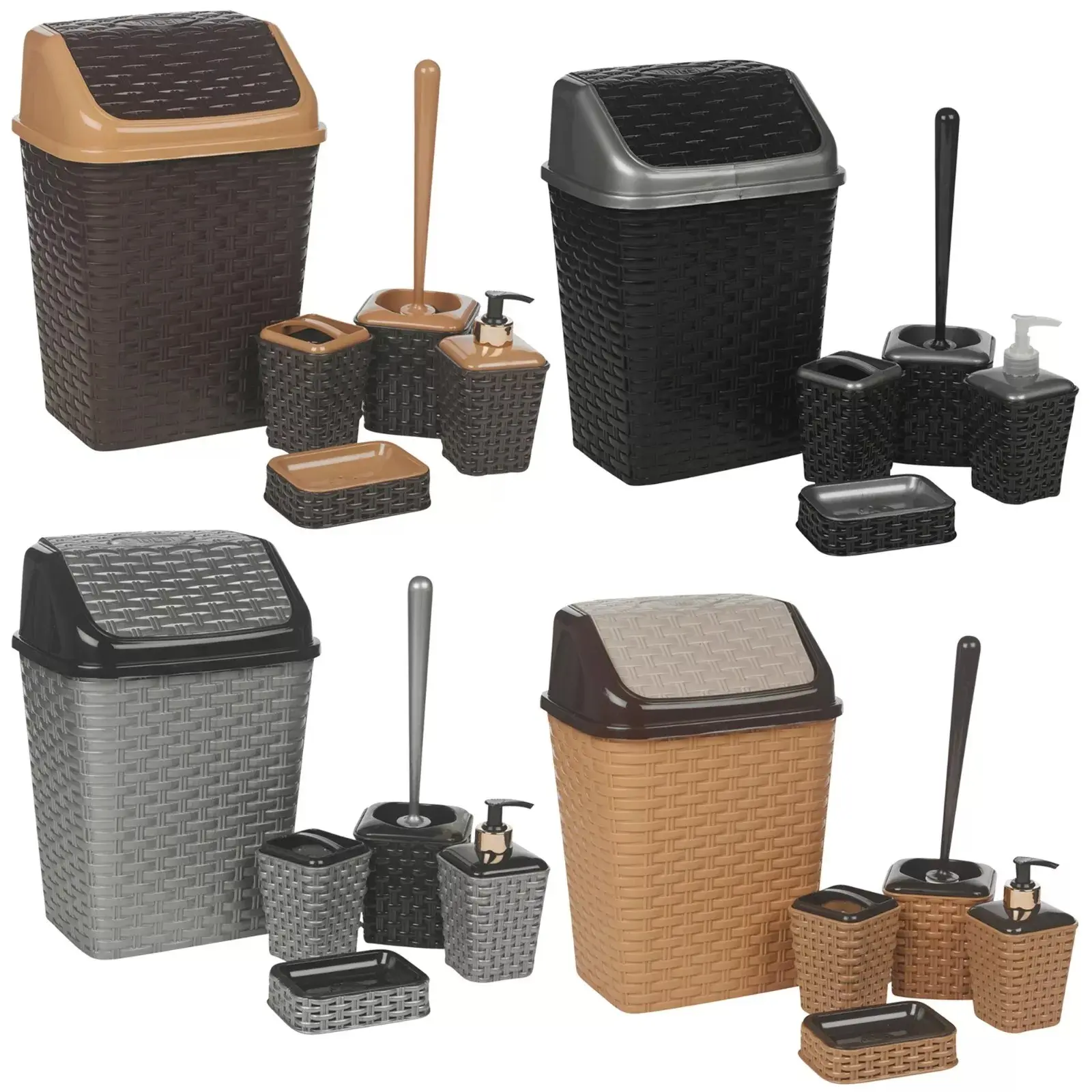 5 Pc Rattan Bathroom Bin Toilet Bowl Brush Toothbrush Soap Dispenser Holder Set