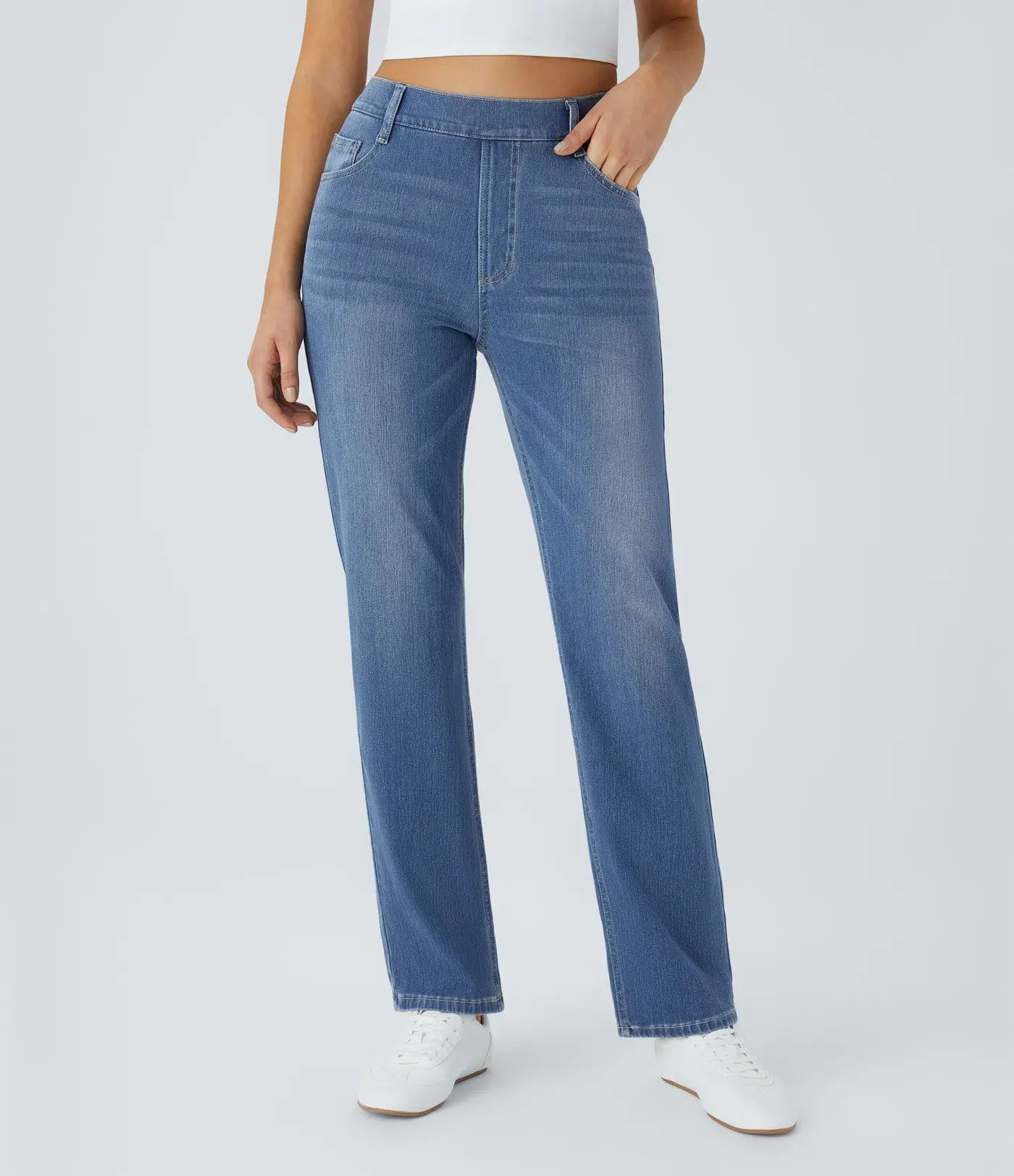Women's Flex High Waisted Multiple Pockets Straight Leg Washed Stretchy Knit Casual Jeans, Ladies' Comfortable Bottoms, Womenswear for All Seasons, Basic Denim, Spring Sale, Free Shipping