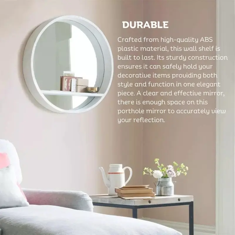 Round Wall Mirror Shelf White Porthole Bathroom Decor Home Hanging Bedroom Mount 7