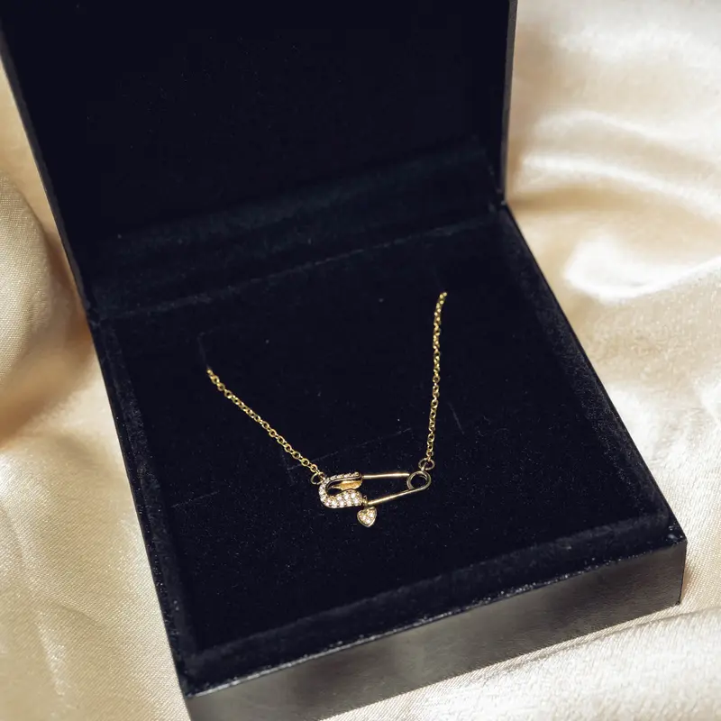 Gold Safety Pin Pendant Necklace, "Locked in My Heart" Symbol Necklace, Girlfriend Gift, Christmas Gift, Comes with a Beautiful Necklace Box, Tarnish-Resistant 3