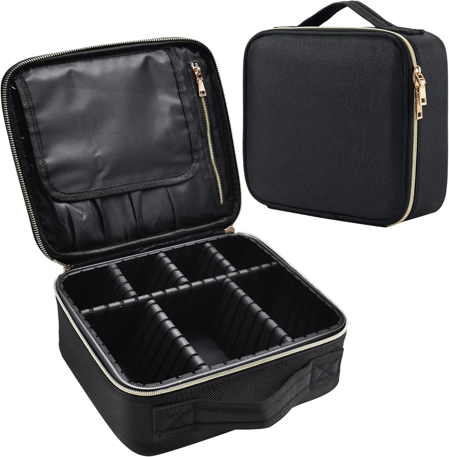 Makeup Bag Cosmetic Case Vanity Travel Beauty Box Make Up Train Case Hairdressing Tools Organiser with Adjustable Compartment Oxford Fabric, Black