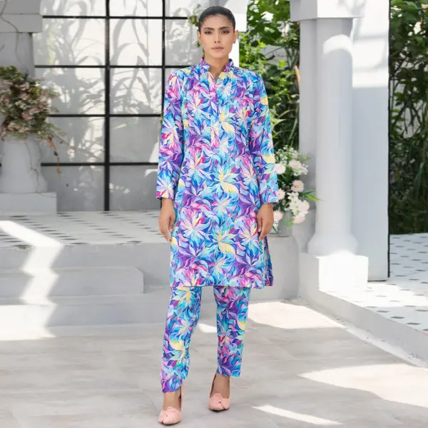 Readymade Linen Floral Printed CO-ORDS-1452-light Blue Suit Trouser
