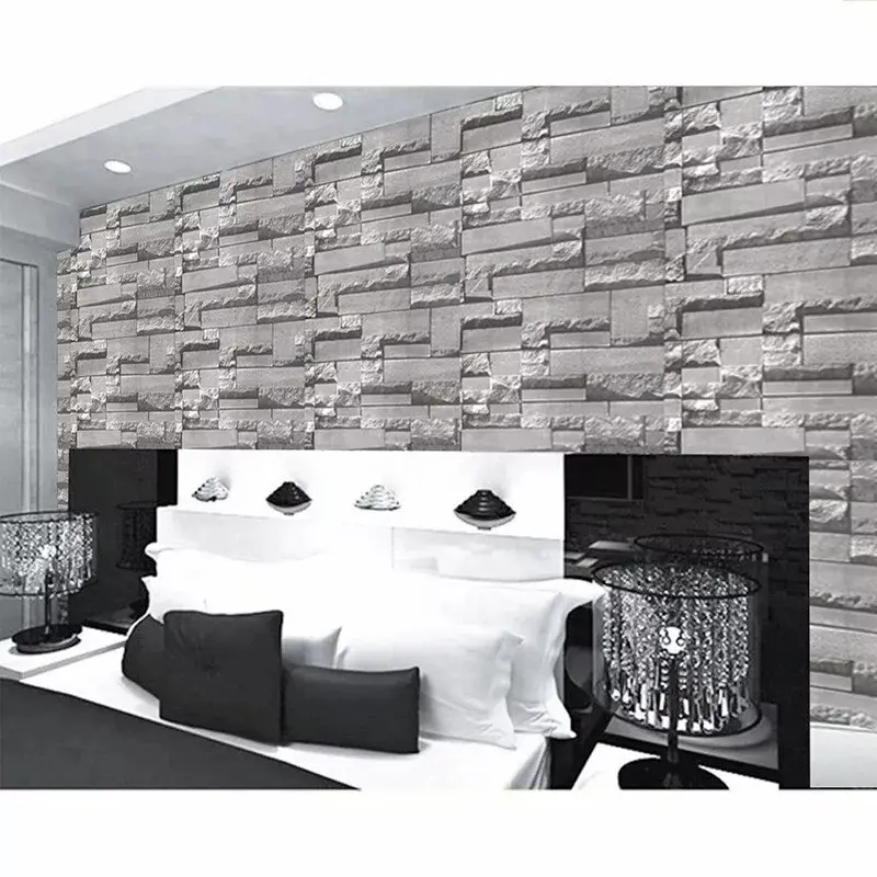 3D Effect Grey Brick Wallpaper Wall Shimmer Tones Effect Faux Metallic Feature 8