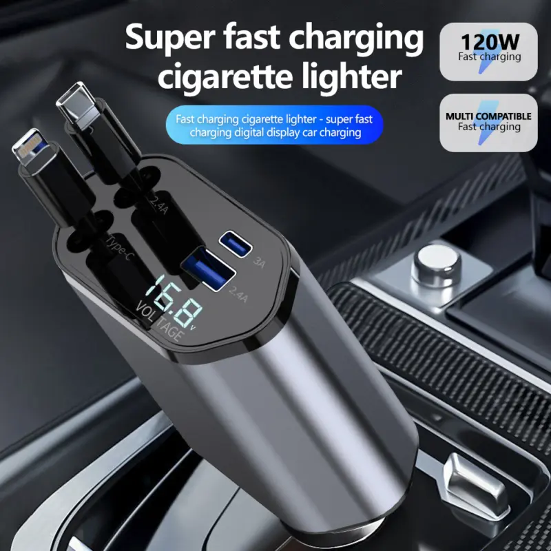 4in1 retractable car charger 120W USB & Type C cable for phone Fast Charge adapter