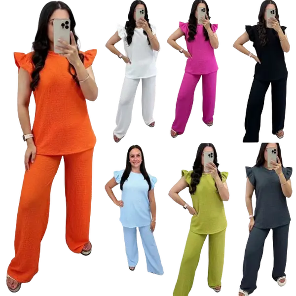 Women's Ladies Frill Sleeve Top Trousers Pop Corn 2PCS Co Ord Set Loungwear Fabric Loungewear Womenswear Casual