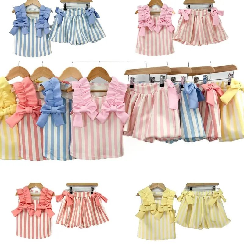 Ginger Ivy: NEWQUAY STRIPES top with bows and puff ball shorts to match girls summer holidays outfit