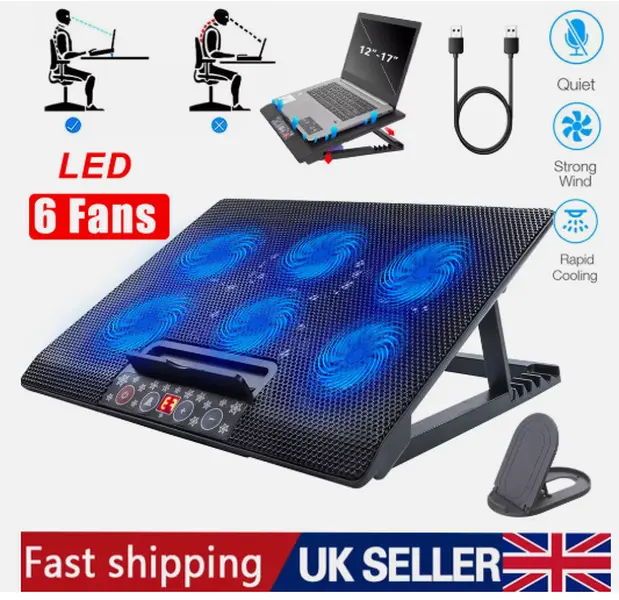 6 Powerful Fans Laptop Cooler Stand Quiet Gaming Cooling Pad Mat Tilt For 12-17"
