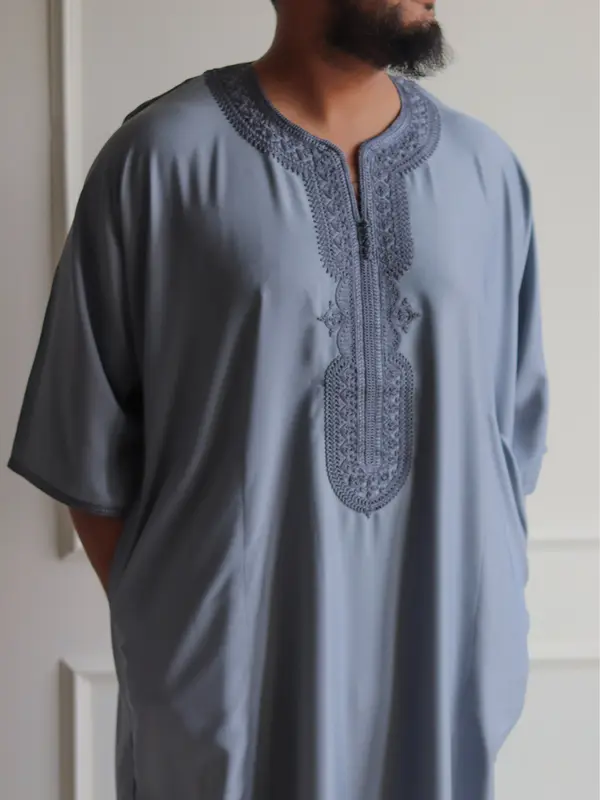 Classic Premium Summer Moroccan Thobe | Gabardine | Double Pocket | Elegant Embroidered Gandoura for Men 2