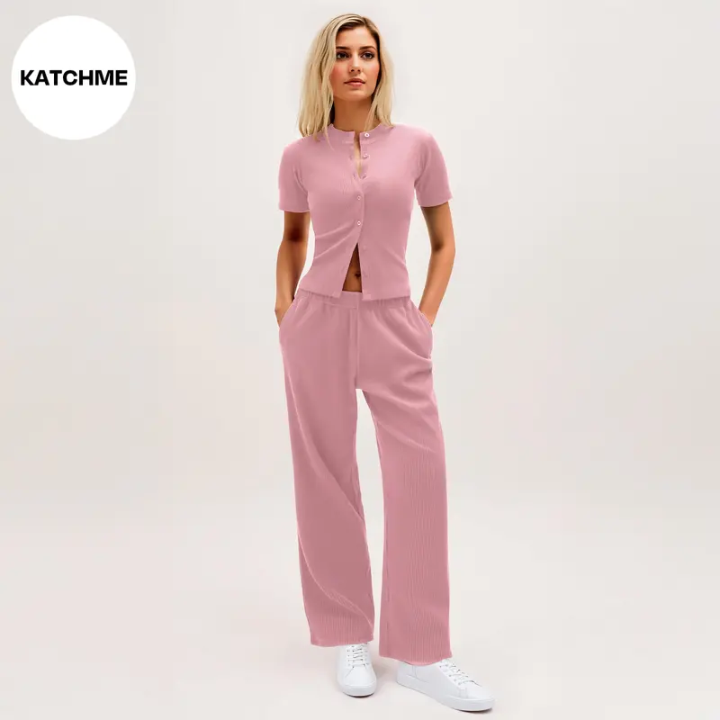 KatchMe Women's Minimalist Solid Color Button-Up Short Sleeve Slim Top & Plicated Wide Leg Trousers Co-ord, Basic Two Piece Outfits, Comfortable Womenswear 5