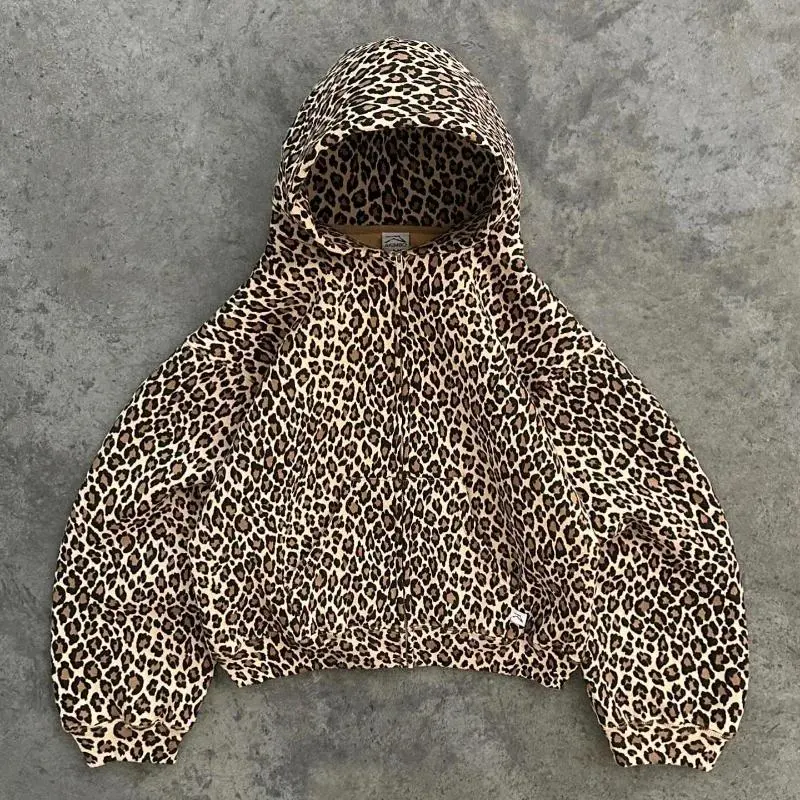 Leopard Print Plus Velvet Hooded Sweater Retro 90s Lined With Plush Winter Warm Zipper Shirt Oversized Unisex Clothing Menswear Tops 7