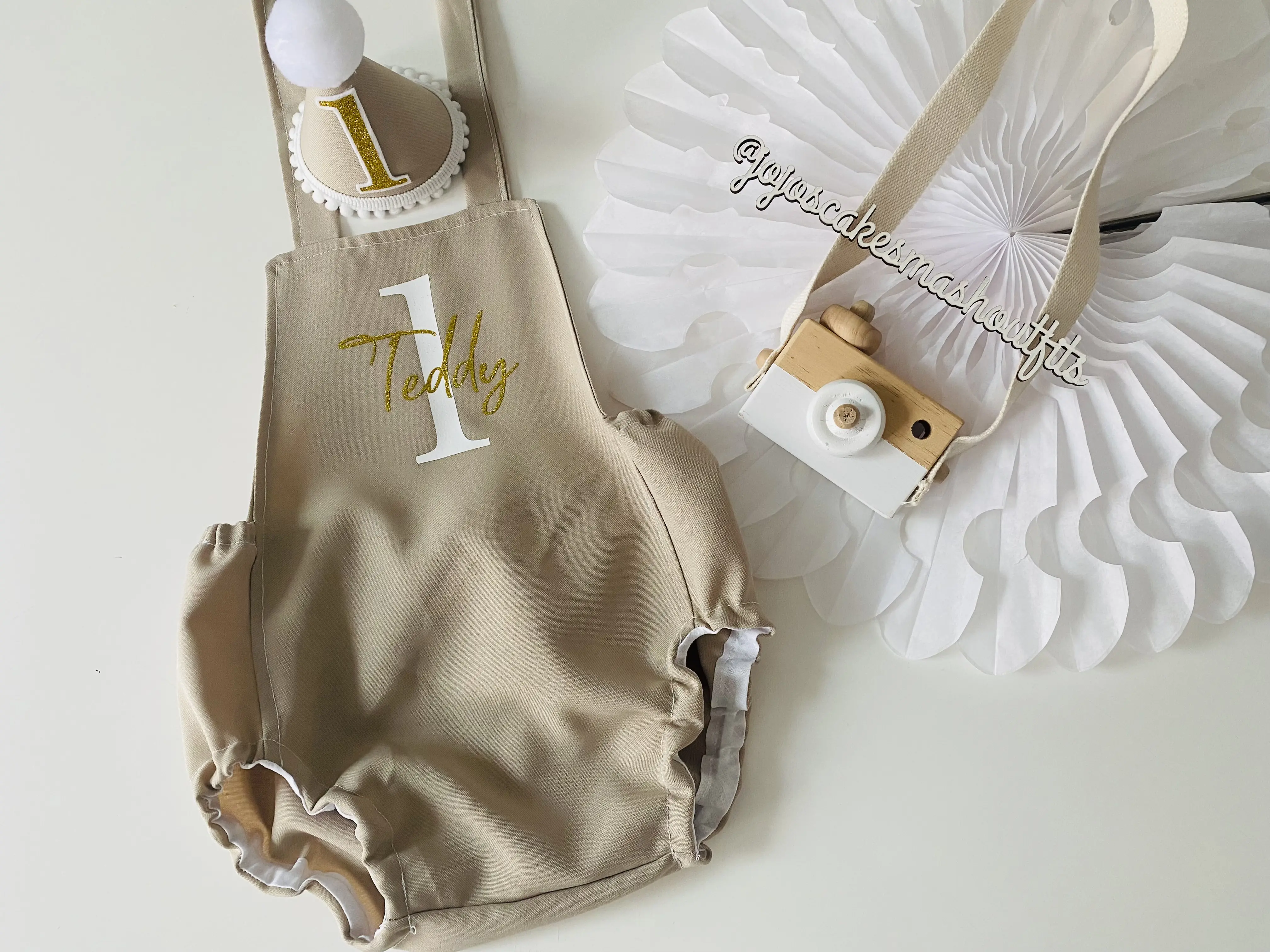 clothes Baby Cake Smash Romper in Beige. Unisex. 1st Birthday Gift personalised