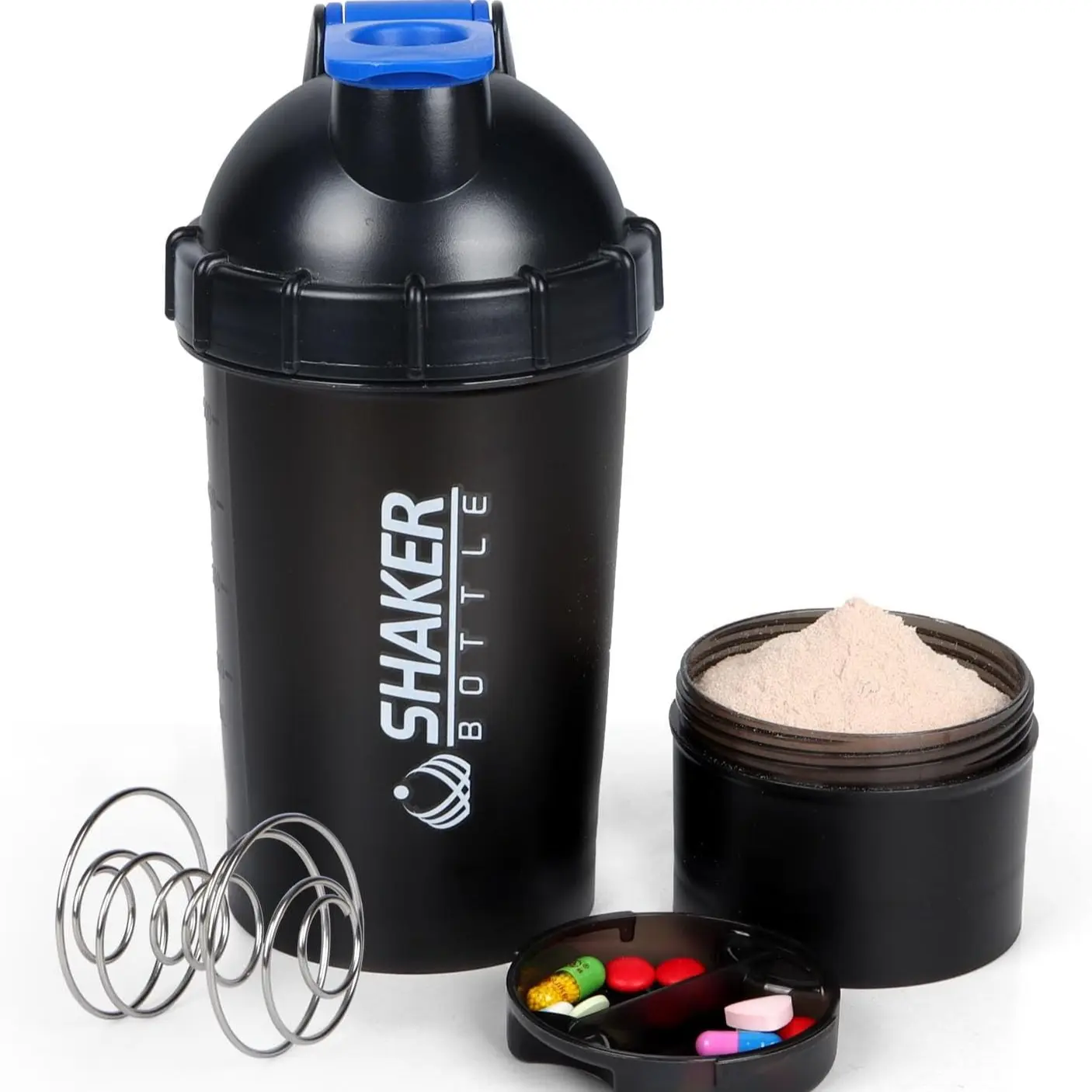 Protein Shaker Bottle with Powder Storage & Pill Case, 18OZ / 500 ML - A+ Quality - Kitchen, Containers Bpa - Leakproof & Portable food organizer airtight Jar Canister Tin snack box