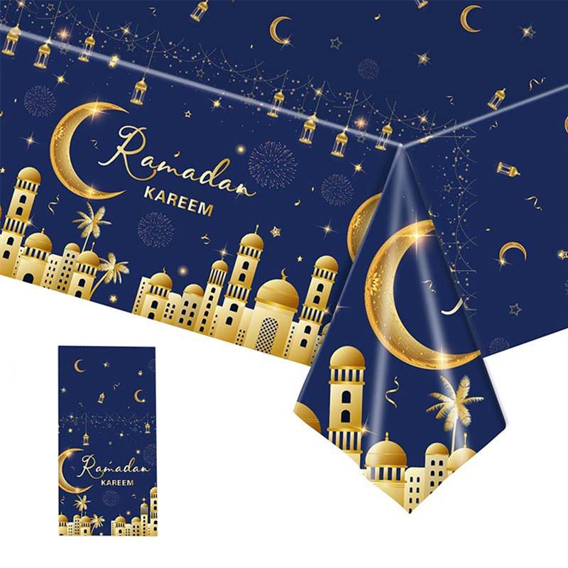Product Introduction of Eid Mubarak 2  Pcs Star Moon Tablecloth Ramadan Kareem Decor for Home 2025 Islamic Muslim Party Eid Al Adha Supplies Castle Table Cover 6