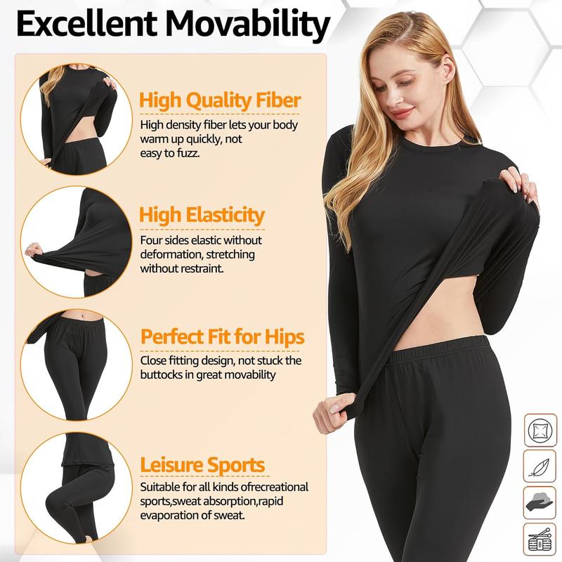 Womens Thermal Underwear Set,Crew Neck Long Sleeved Base Layer Top & Leggings Multifunctional Home Thermal Base Layers for Sports Skiing Womenswear Comfort Basic Black Minimalist 4