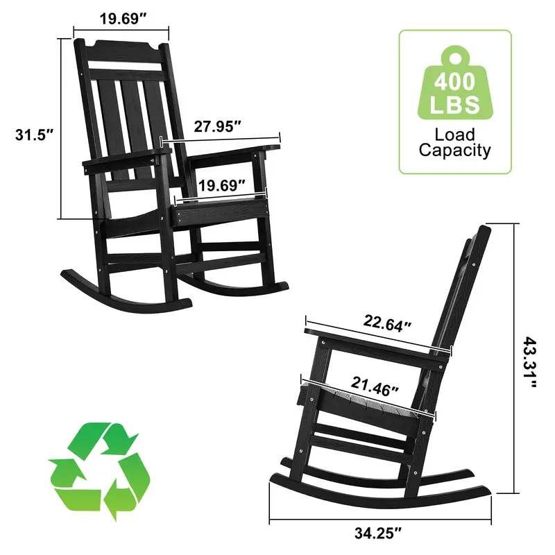 VEVOR Porch Rocker, HIPS Outdoor Rocking Chair, High Back Patio Rocking Chair with Smooth Armrests, Supports up to 400 lbs, for Garden, Balcony, Porch, Black 7