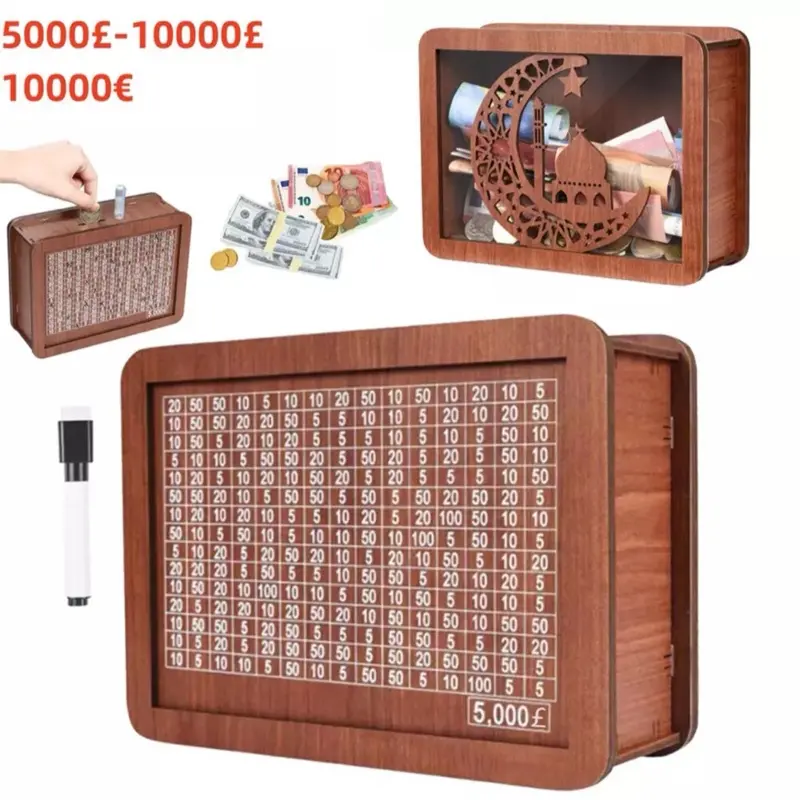 5000£-10000£ Wooden Money Box with Counter Money Piggy Bank Cash Coin Saving Box