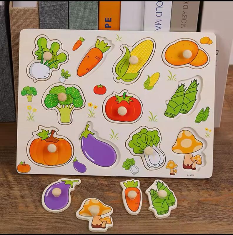 MONTESSORI WOODEN PUZZLES: Hand Grab Boards, Tangram, Jigsaw Educational Toys featuring Cartoon Vehicles, Animals, and Fruits in 3D Puzzles 2