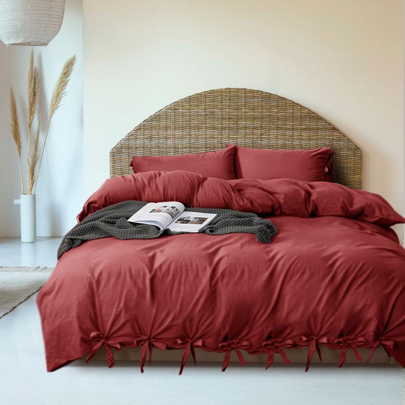 Luxury 3 Piece Duvet Quilt Cover Set Plain Bow Knotted Duvet Covers with Pillowcases Button Closure Breathable Microfiber Dyed Duvet Covers Sets 5