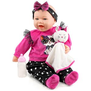 BiBi Doll 18" Realistic Baby Doll Girl "Nya" With Pink & Black Outfit, Kitten Themed Blanket, Sounds & Baby Doll Bottle - Real Life Baby Dolls For Girls & Boys - Talking Doll Soft Body Baby Doll