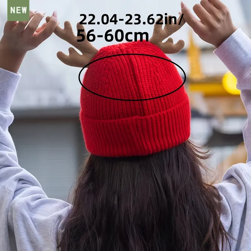 Red Reindeer Antler Beanie with Integrated Scarf, Acrylic Knit Winter Hat, Thick Warm Ear Warmer, Elastic, with Hand Wash Only, for Fall/Winter Season 5