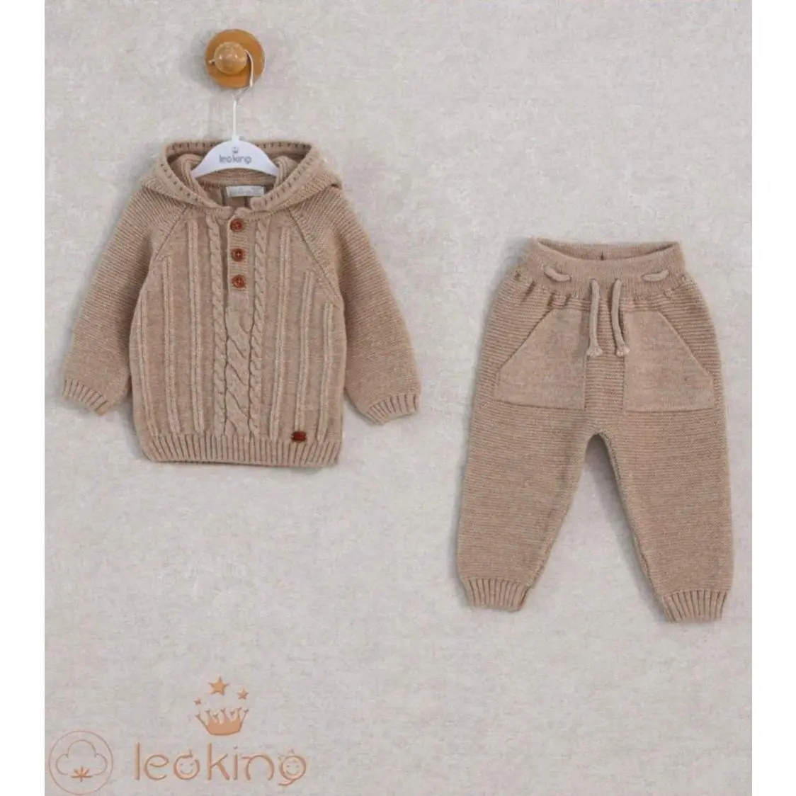 Beige Knitted Two-Piece Set with Cable-Knit Hoodie