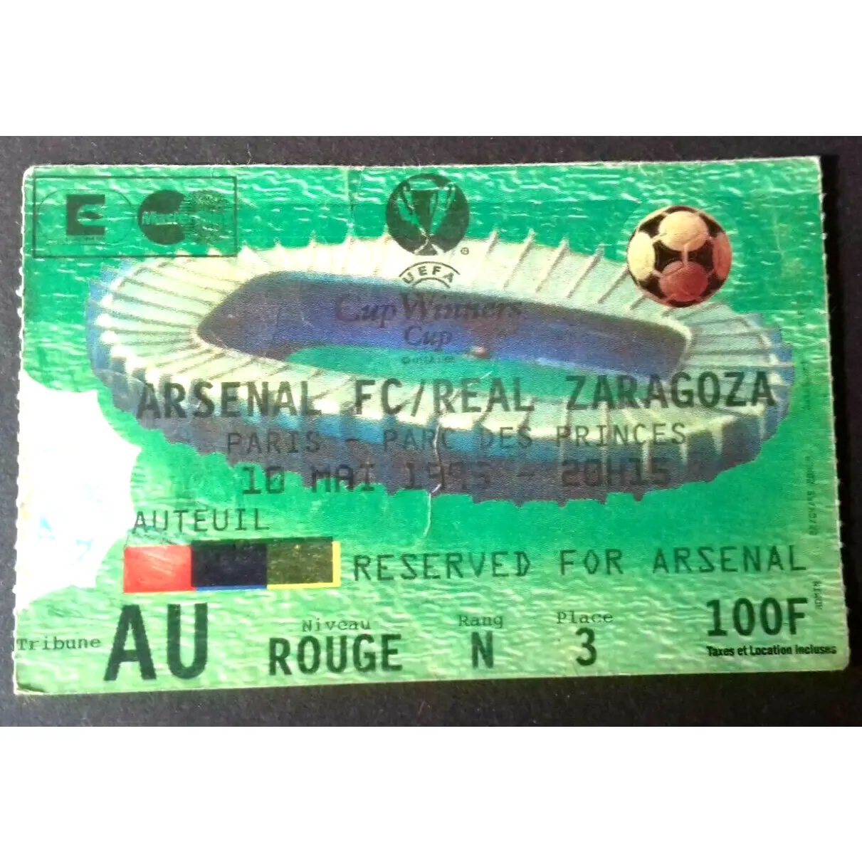 Arsenal v Real Zaragoza UEFA Cup Final Used Ticket 10/5/1995. Parc Des Princes Paris