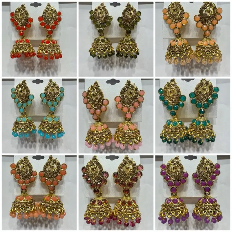 E17HH Mix Jhumka Earrings Stone Colours Gold Party Wear Gift Asian