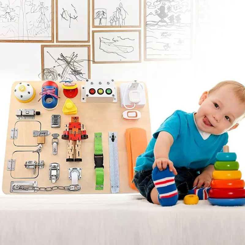 Montessori Wooden Busy Board 20 In 1 Preschool Educational Activity Board Early Education Tools Basic Life Skills For Child Sensory Board Game Handmade Toys Gift Busy Board 1 Year Old Dyzi 7