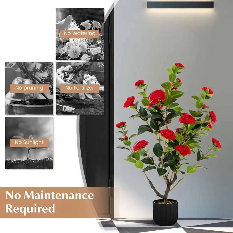 COSTWAY 1/2 Pieces 95cm Artificial Camellia Tree with Flowers and Rain-Flower Pebbles 4