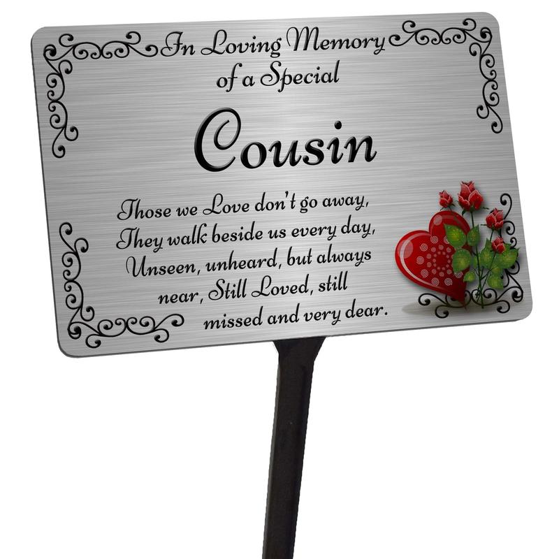 Cousin Memorial Plaque & Stake. Brushed Silver or Gold 0