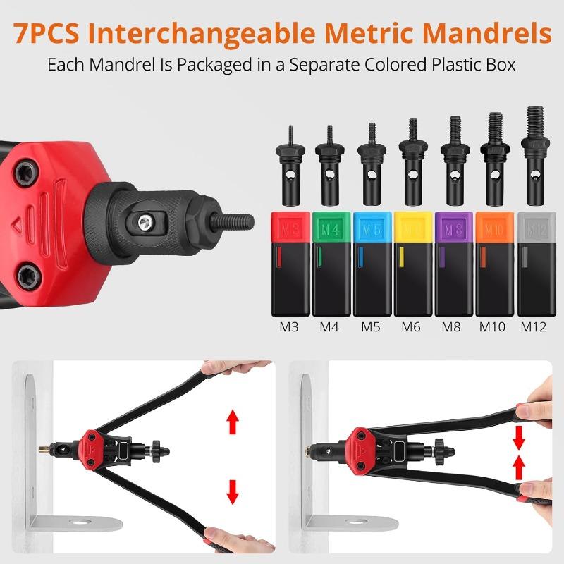 Proster Rivet Nut Tool 16'' Heavy Duty Hand Rivet Nut Gun with 7 Mandrels M3 M4 M5 M6 M8 M10 M12 Rivnut Gun 100PCS Rivnut for Home and Workshop 2