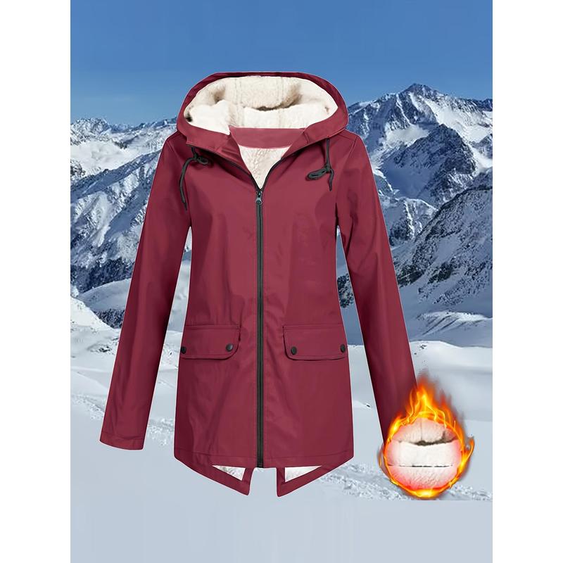 Flap Pockets Zip-up Hoodie Jacket, Casual Long Sleeve Drawstring Windbreaker Jacket For Fall & Winter, Women's Clothing Fabric Womenswear 3