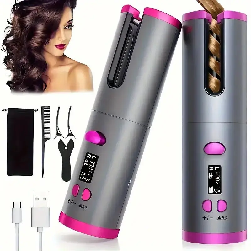 Hair Curler, Cordless Hair Curlers for Long Hair, Wireless Automatic Curling Iron Restriction with Built-in 5000mAh Rechargeable Battery, Portable, for Home Travel etc (Grey) Haircare Heatless Lightweight Comfort 0