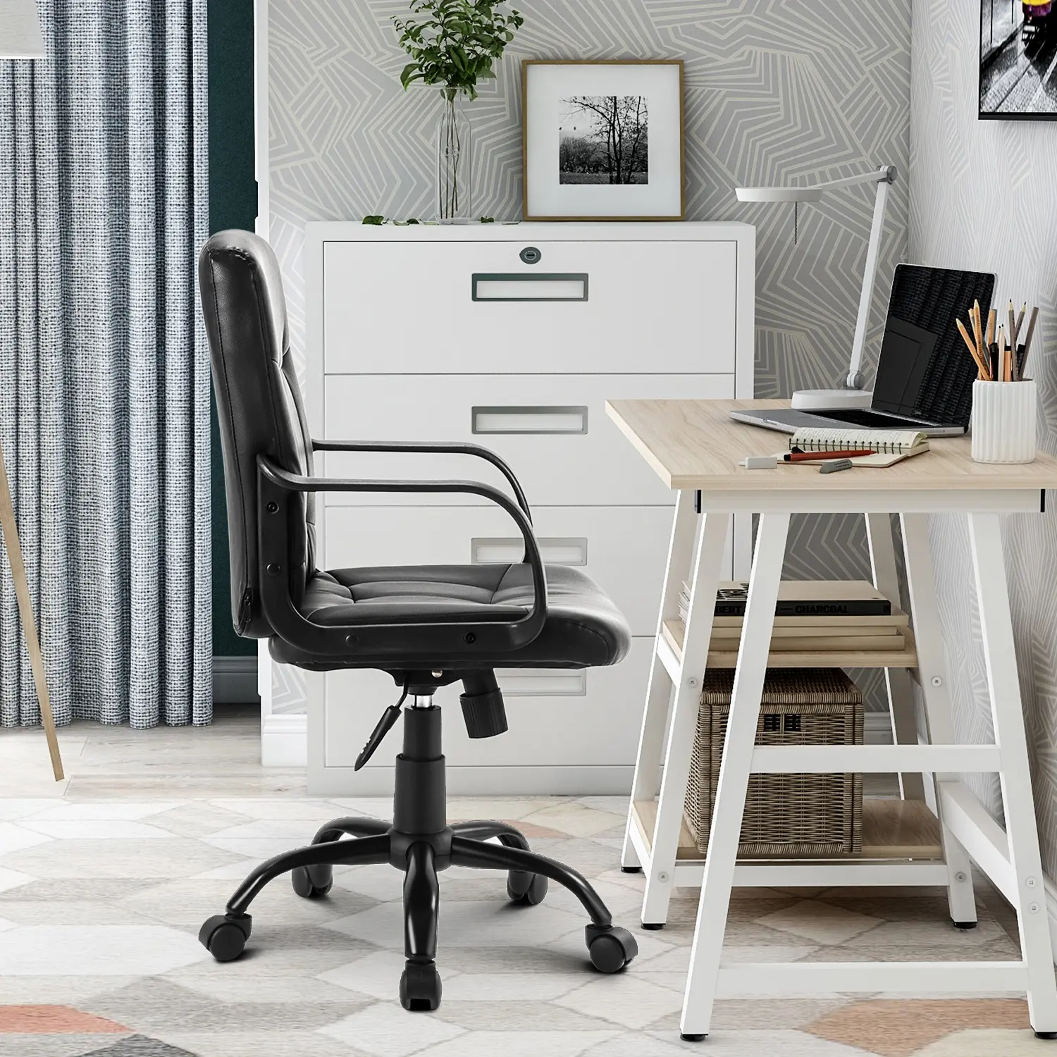 High Back Mesh Desk Swivel Chair for Home Office Task Chair Adjustable Height Executive Chair Recline Mesh Seat(Black) (faux leather)